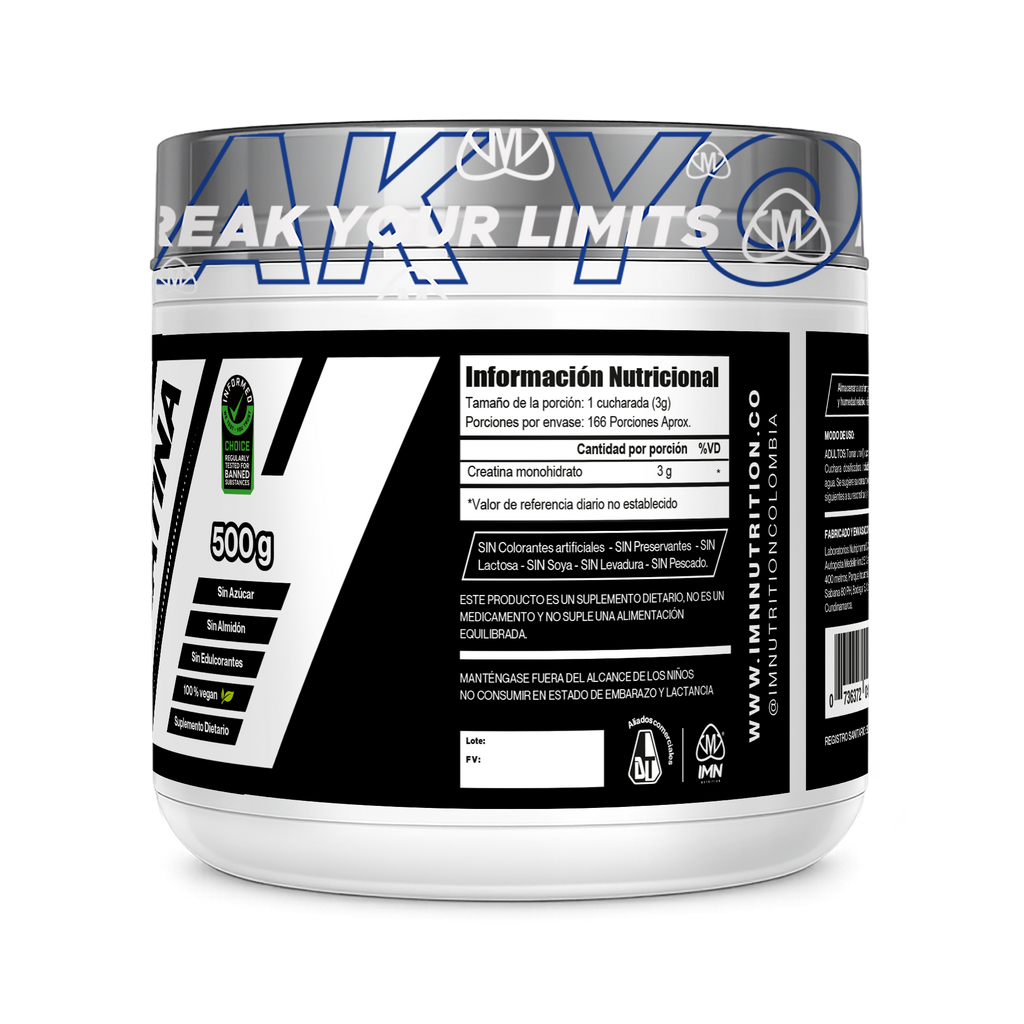 Creatina Monohidratada IMN 500g - 166 servicios - Suplemento dietario INVIMA SD2024-0004727