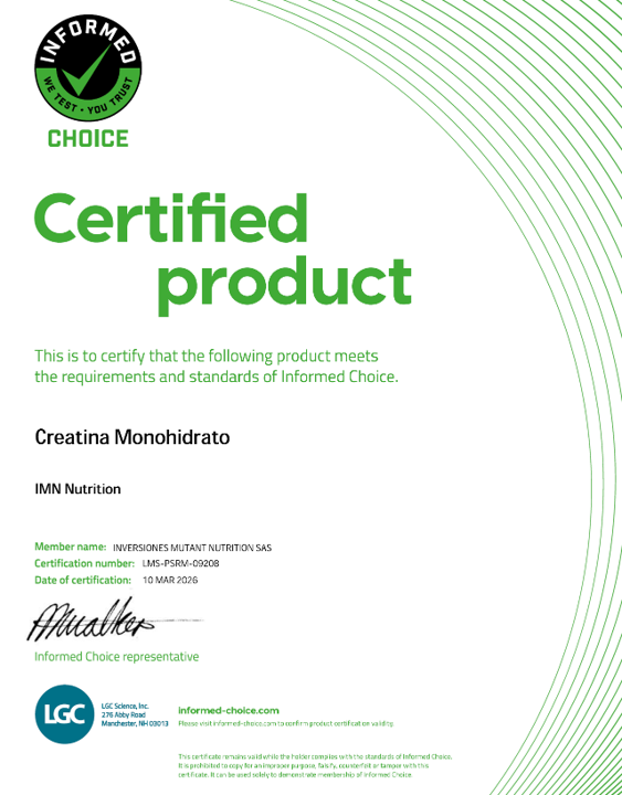 Certificado Informed Choice / Registro INVIMA - Creatina IMN 500g