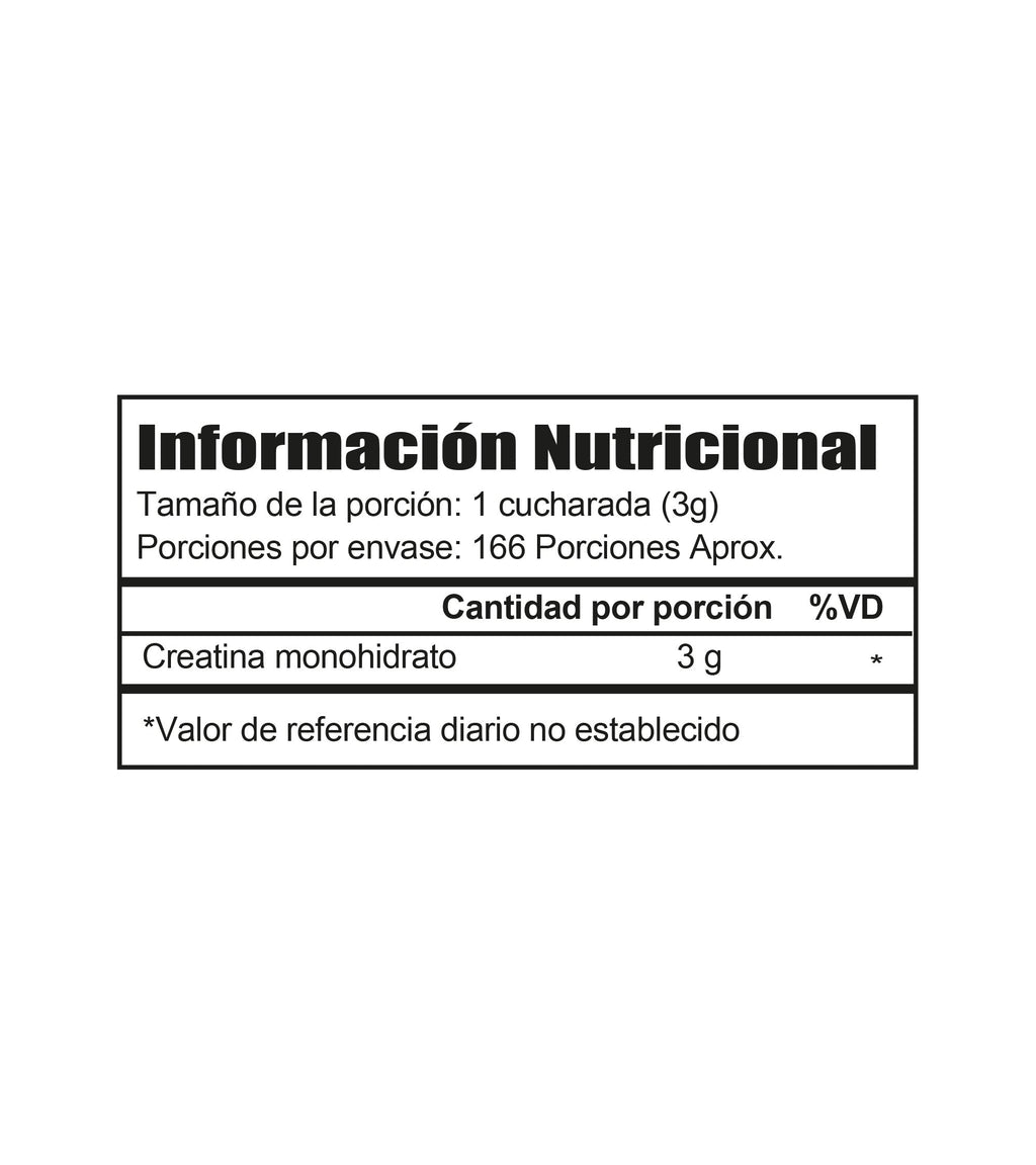 Tabla nutricional Creatina IMN 500g - 3 g por porción de creatina monohidratada - 166 servicios