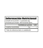 Tabla nutricional Creatina IMN 500g - 3 g por porción de creatina monohidratada - 166 servicios