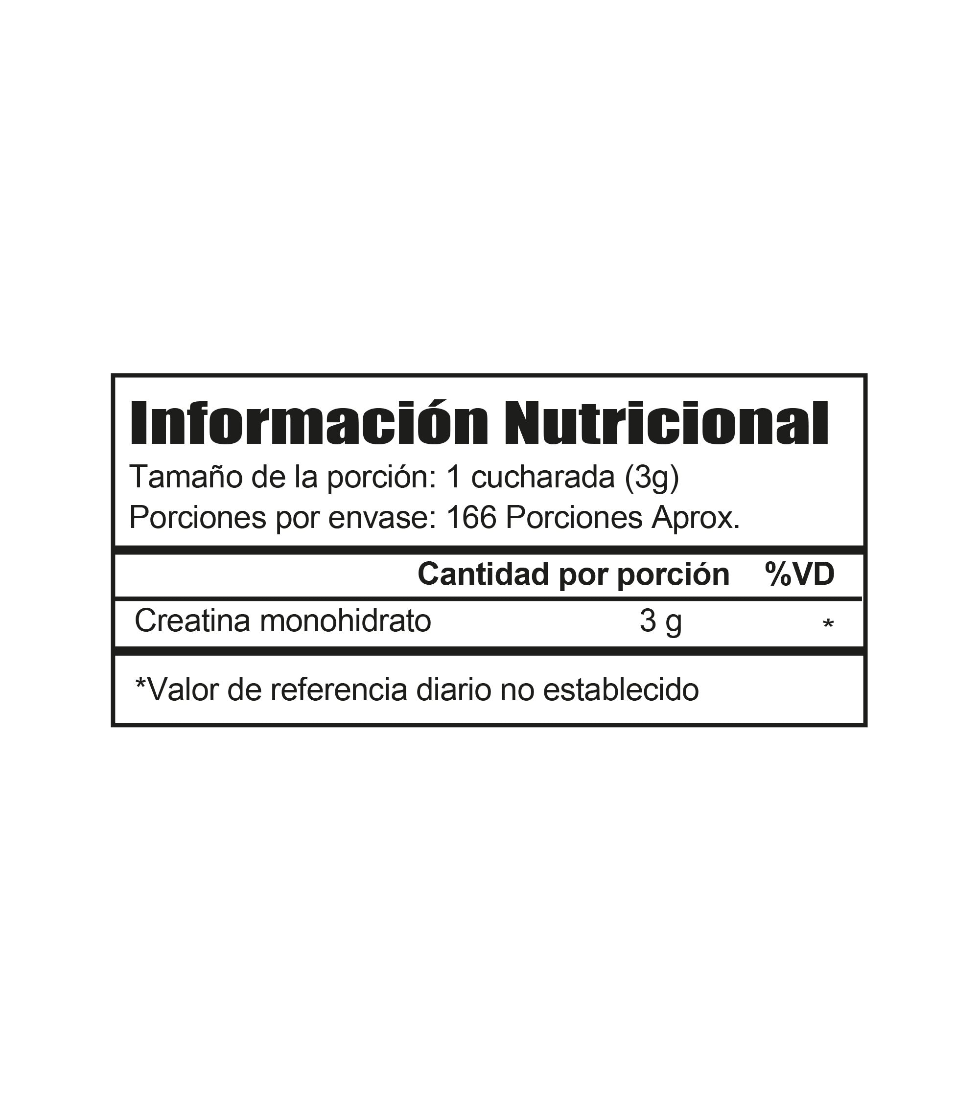 Tabla nutricional Creatina IMN 500g - 3 g por porción de creatina monohidratada - 166 servicios