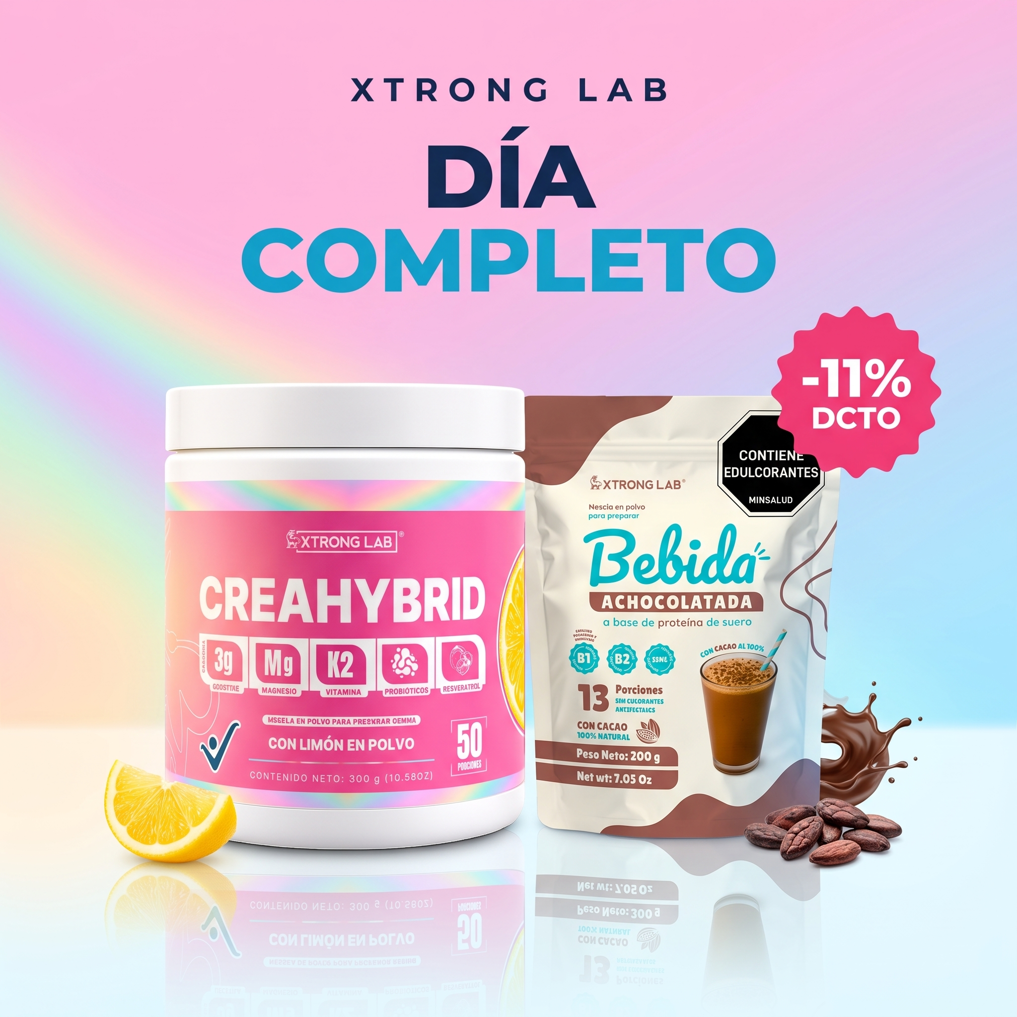 Combo Día Completo XTRONG LAB: CreaHybrid creatina 5 en 1 + bebida achocolatada con 11% de descuento