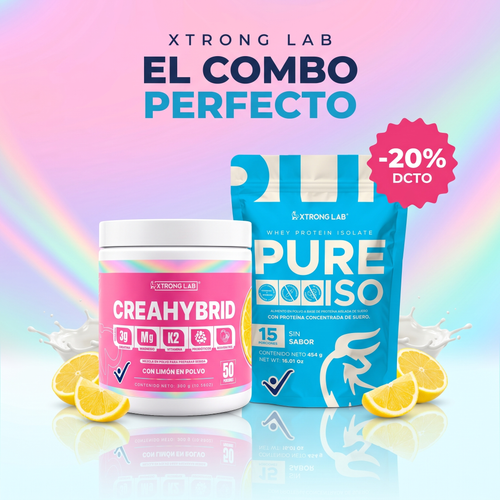 Combo Perfecto XTRONG LAB: PURE ISO whey isolate + CreaHybrid creatina 5 en 1 con 20% de descuento