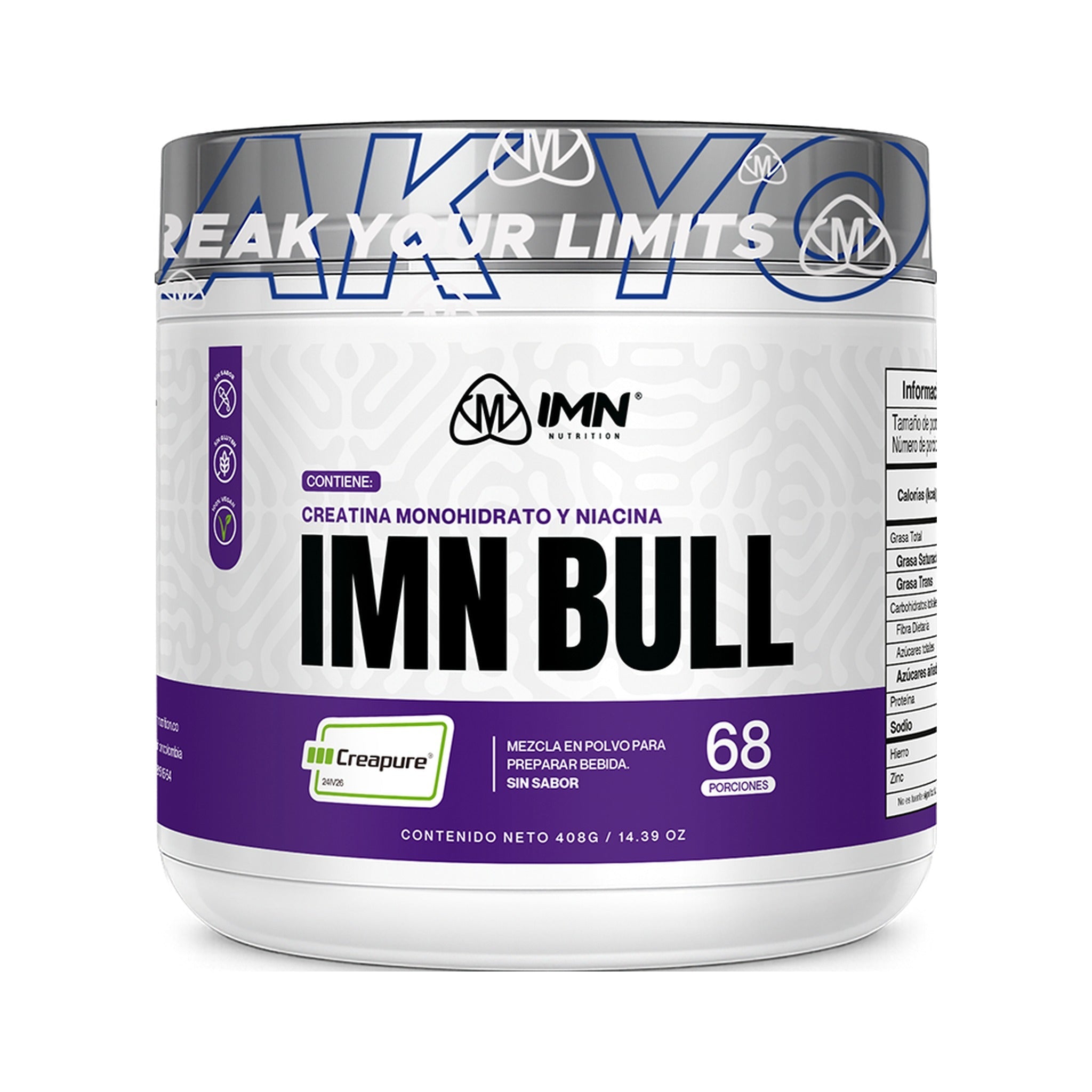 IMN BULL Creapure 408g · Creatina Monohidrato + Niacina · 68 porciones · Frente
