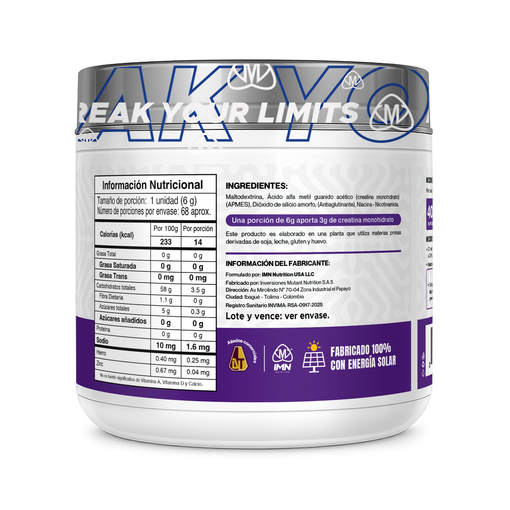 IMN BULL Creapure 408g · Tabla nutricional y registro INVIMA