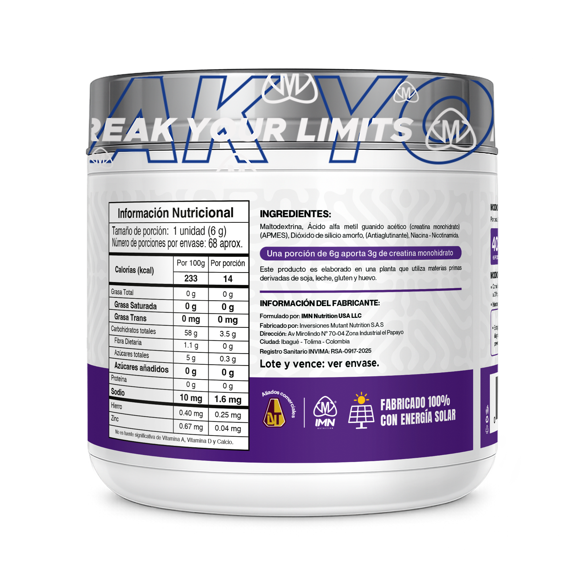 IMN BULL Creapure 408g · Tabla nutricional y registro INVIMA